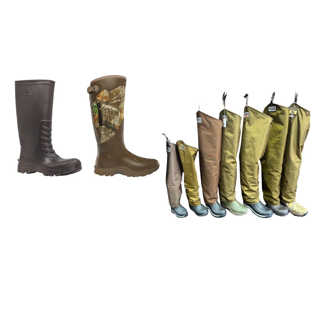 Samples of boots and chaps used for hunting.