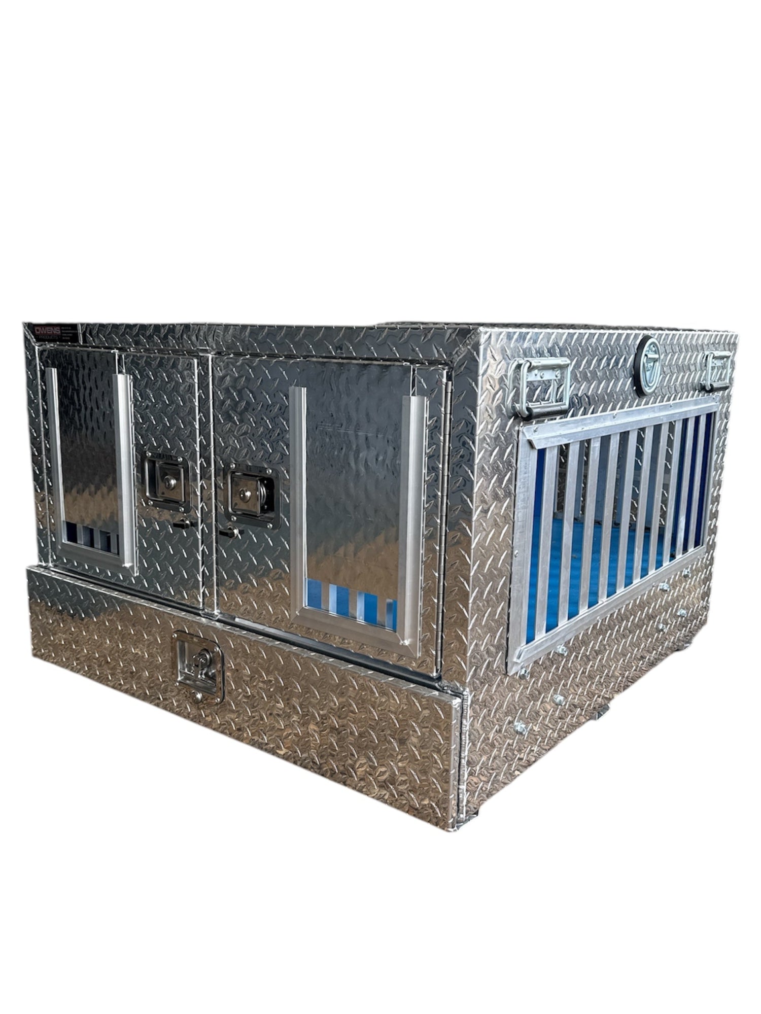 OWENS Dog Box 55023W Pro Hunter Series Double Compartment with Bottom Drawer / 38 W x 40 D x 26 H / All Seasons Vents / Diamond Tread Aluminum / Owens Products