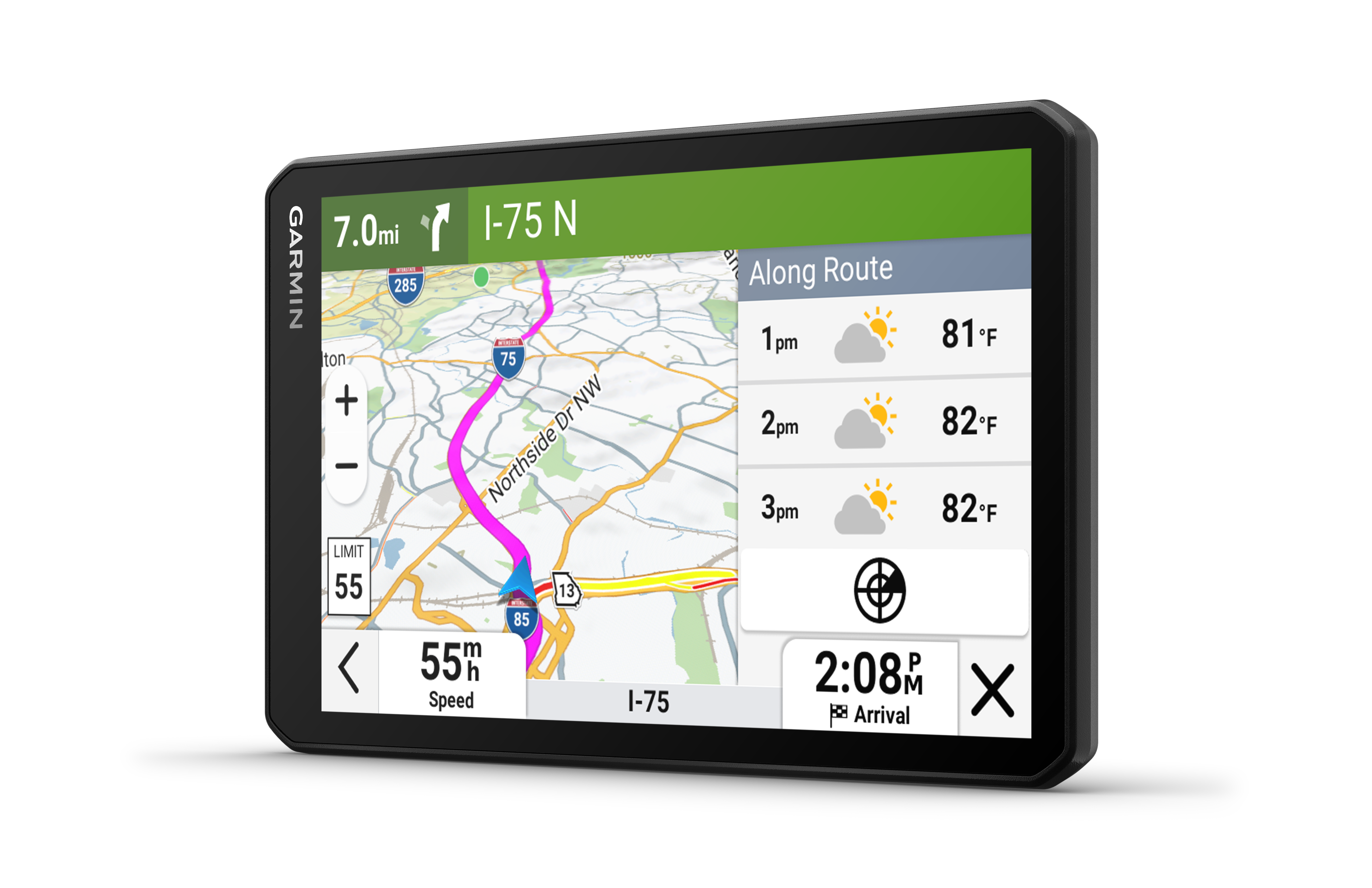 Garmin GPS device displaying a map with navigation information on a white background