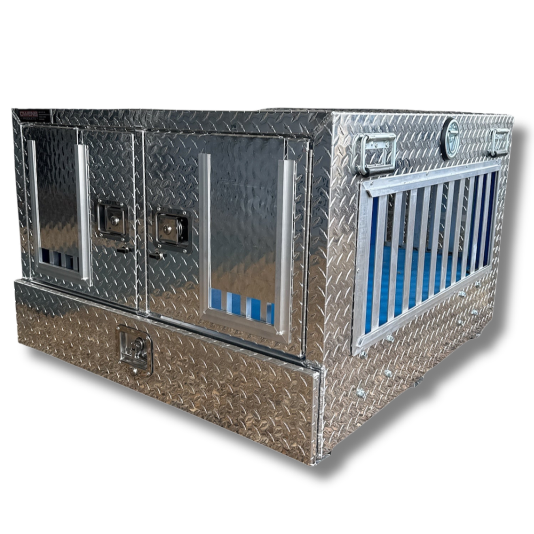 OWENS Dog Box 55023W Pro Hunter Series Double Compartment with Bottom Drawer / 38 W x 40 D x 26 H / All Seasons Vents / Diamond Tread Aluminum / Owens Products