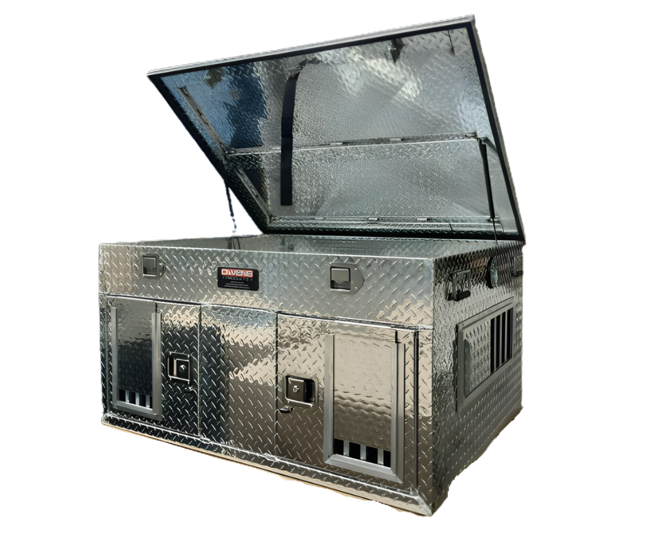 Owens Dog Box 55030 Hunter Series Double Compartment with Top Storage / 48 W x 36 D x 26 H / Shallow / Standard Vents / Diamond Tread Aluminum / Owens Products
