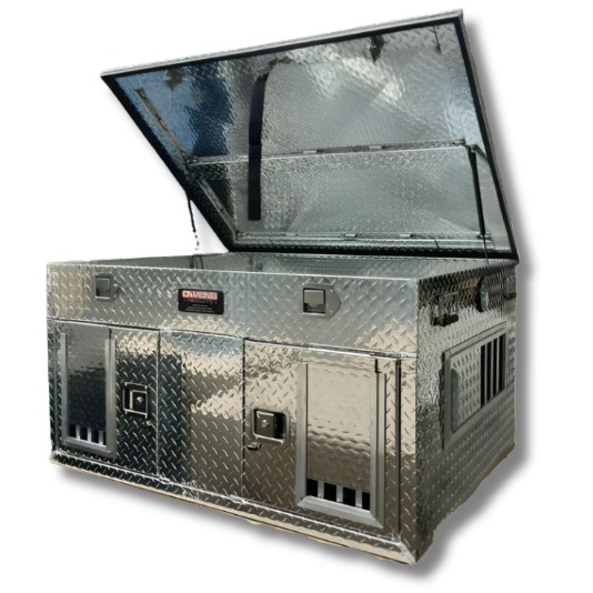 Owens Dog Box 55030 Hunter Series Double Compartment with Top Storage / 48 W x 36 D x 26 H / Shallow / Standard Vents / Diamond Tread Aluminum / Owens Products