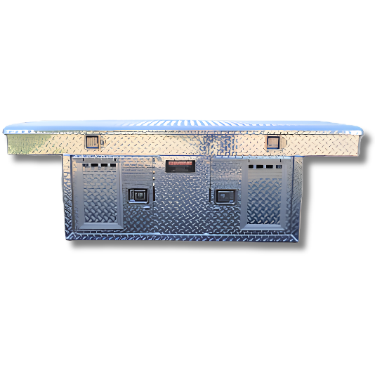 Dog Box 55072 Hunter Series Double Compartment with Top Storage / 71 W x 27 D x 25 H / Crossover / Standard Vents / Diamond Tread Aluminum / Owens Products