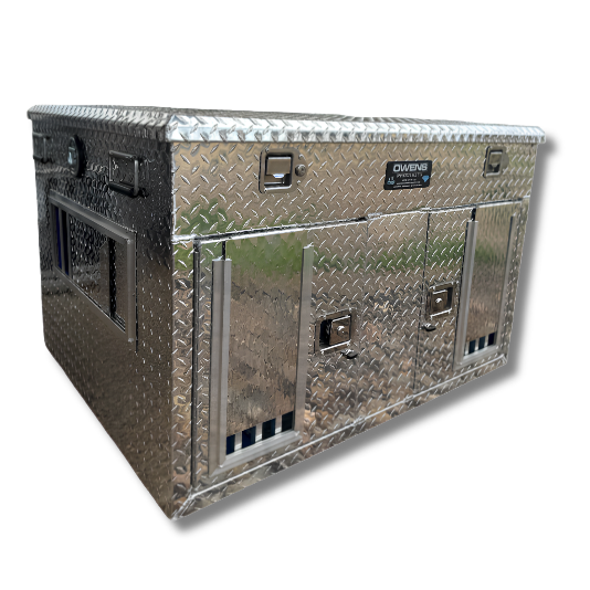 OWENS Dog Box 55079 Hunter Series Double Compartment with Top Storage / 45 W x 35 D x 29 H / UTV / Standard Vents with Rear Vents / Diamond Tread Aluminum / Owens Products