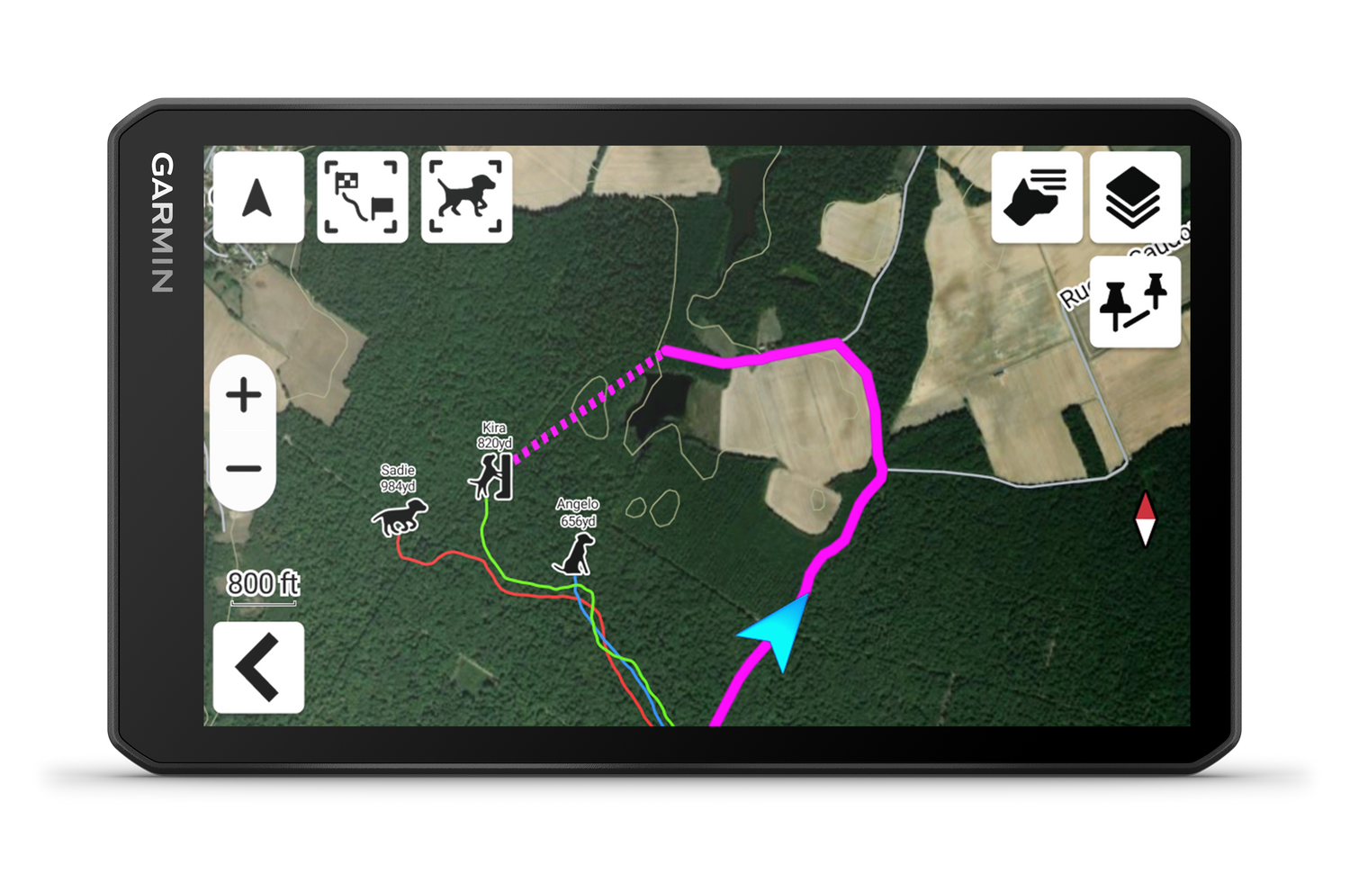 Garmin GPS device displaying a map with routes and icons on a white background