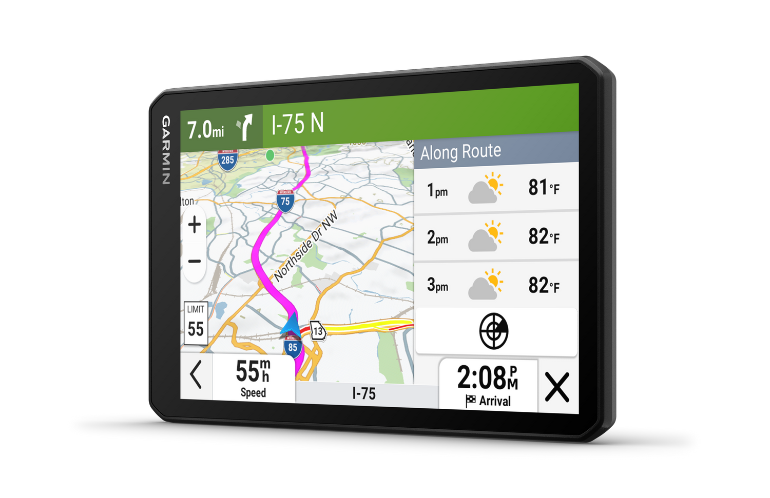 Garmin GPS device displaying a map with navigation information on a white background
