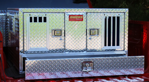 Owens Dog Box 55021W Pro Hunter Series Double Compartment with Bottom Drawer / 46 W x 45 D x 26 H / Standard Vents / Diamond Tread Aluminum / Owens Products