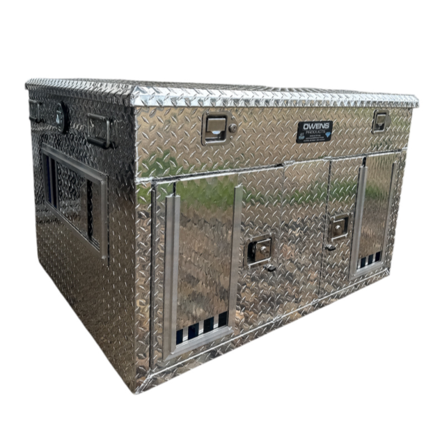 OWENS Dog Box 55079 Hunter Series Double Compartment with Top Storage / 45 W x 35 D x 29 H / UTV / Standard Vents with Rear Vents / Diamond Tread Aluminum / Owens Products